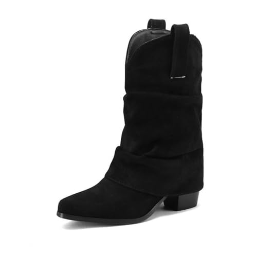 HXTYXCQ Damen Quadratischer Zehen Wildleder Bikerstiefel Hoher Stämmiger Absatz Mittelhohe Stiefel Zum Anziehen Von Breiten Western-Cowboystiefeln Aus Kalbsleder,Schwarz,35 EU von HXTYXCQ