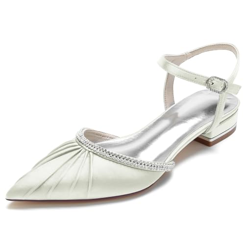 HXTYXCQ Damen Spitz Zehen Satin Falten Hochzeit Pumps Mit Strass Knöchelriemen Slingback Brautschuhe Abend Partei Abschlussball Flache Absatz Sandalen,Elfenbein,38 EU von HXTYXCQ