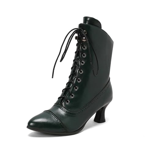 HXTYXCQ Damen Spitz Zehen Vintage Viktorianische Stiefel Schnürstiefeletten Mit Seitlichem Reißverschluss Mittlere Absatz Hexenkostüm Renaissance Stiefeletten,Grün,35 EU von HXTYXCQ