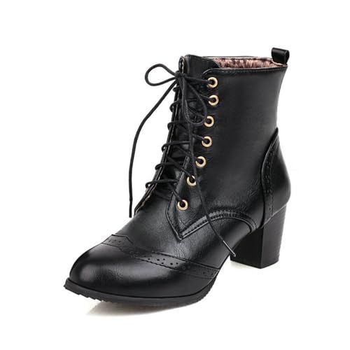 HXTYXCQ Damen Stämmiger Absatz Stiefeletten Schnürung Vintage Viktorianische Stiefel Geschlossene Runde Zehen Kurze Stiefel Mit Mittlere Absatz,Schwarz,42 EU von HXTYXCQ