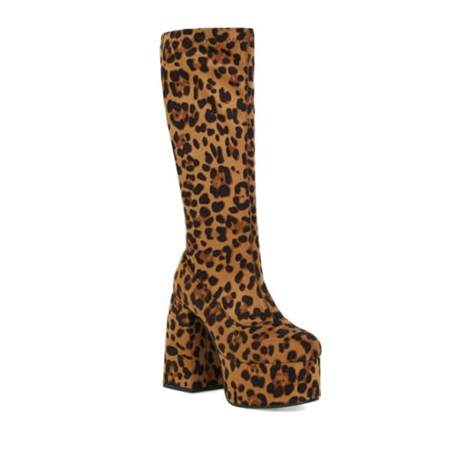 HXTYXCQ Damen Wildlederimitat Kniehohe Stiefel Mit Seitlichem Reißverschluss Quadratischer Zehen Ritterstiefel Hoher Stämmiger Absatz Plateau Lange Stiefel,Leopard,39 EU von HXTYXCQ