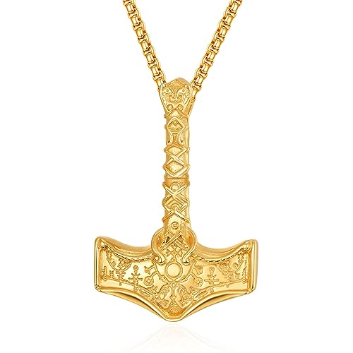 HXWZB Wikinger Halskette für Männer Wikinger Anhänger Halskette Wikinger Schmuck für Männer Vater Wikinger Liebhaber (Thors Hammer-B01-Gold) von HXWZB