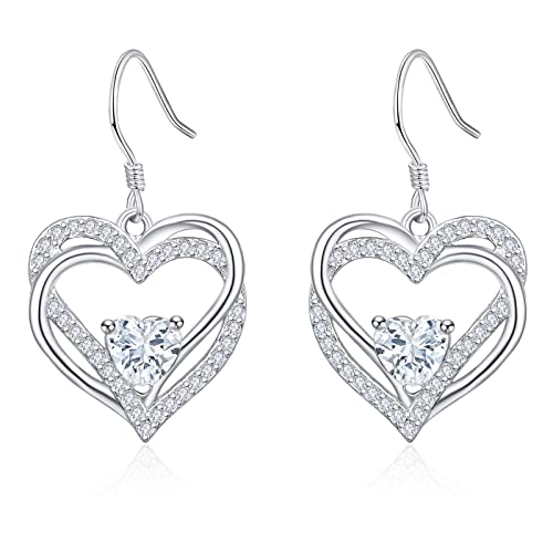 Herz Ohrringe 925 Sterling Silber Doppel Herz Zirkonia Hängende Ohrringe Geschenk für Frauen Mädchen von HXWZB