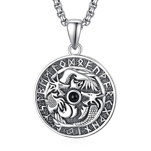 HXWZB Wikinger Drache Runen Halskette für Männer Sterling Silber Wikinger Doppelt Drache Nordische Rune Tier Anhänger Wikinger Schmuck für Männer Frauen HXWZB Wikinger Drache Runen Halskette für Männer Sterling Silber Wikinger Doppelt Drache Nordische Rune Tier Anhänger Wikinger Schmuck für Männer Frauen von HXWZB
