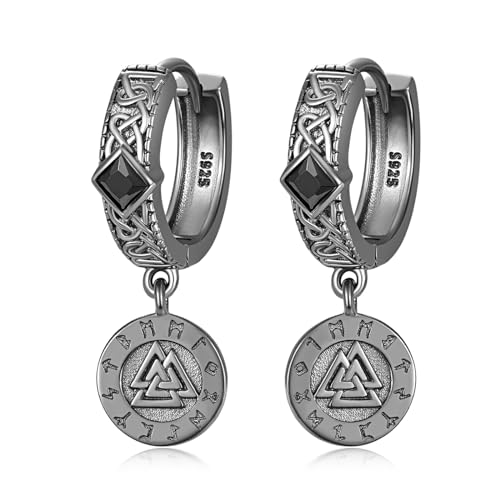 Schwarze Wikinger Sterlingsilber Valknut Nordisch Ohrringe Silber - Hoop Creolen für Männer und Frauen von HXWZB