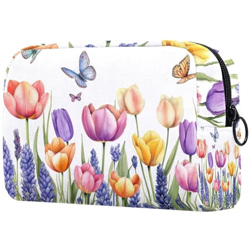 Kosmetiktasche Bunte Tulpen Und Lavendelblumen Schmetterlinge Reisekosmetiktasche Makeup Organizer Case Für Frauen von HXYWQA