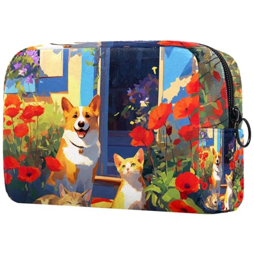 Kosmetiktasche Corgi-Hund Und Gestreifte Katze Mit Mohnblumen Reisekosmetiktasche Makeup Organizer Case Für Frauen Kosmetiktasche Corgi-Hund Und Gestreifte Katze Mit Mohnblumen Reisekosmetiktasche Makeup Organizer Case Für Frauen von HXYWQA