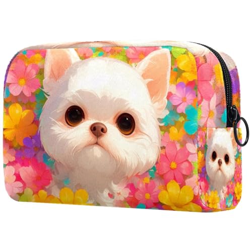Kosmetiktasche Süßer Hund Mit Bunten Blumen Reisekosmetiktasche Makeup Organizer Case Für Frauen von HXYWQA