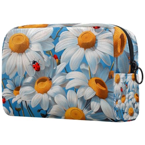 Kosmetiktasche Weiße Gänseblümchen Blumen Mit Marienkäfern Reisekosmetiktasche Makeup Organizer Case Für Frauen von HXYWQA
