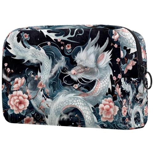 Kosmetiktasche Weißer Drache Rosa Blumen Meereswelle Reisekosmetiktasche Makeup Organizer Case Für Frauen Kosmetiktasche Weißer Drache Rosa Blumen Meereswelle Reisekosmetiktasche Makeup Organizer Case Für Frauen von HXYWQA