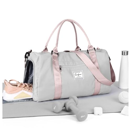 HYC00 Sport Duffel Bag Damen Handgepäck Sporttasche für Damen und Herren mit Nassfach & Schuhfach, Reisetasche Damen Weekender Gym Travel Bag Schwimmtasche Yoga Bag Trainingstasche,Grau Rosa von HYC00