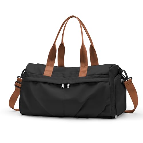 HYC00 Sport Duffel Bag Damen Sporttasche mit Schuhfach Reisetasche Damen Weekender Travel Bag Handgepäck Tasche Fitnesstasche Schwimmtasche Trainingstasche Übernachtungstasche,Schwarz mit Braun von HYC00