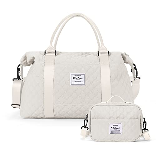 Reisetasche Damen Sporttasche Handgepäck Tasche,Weekend Bag mit Kulturbeutel&Nasstasche,Wasserdicht Schwimmtasche Travel Duffle Bag,Fitnesstasche Trainingstasche Frauen Tragetasche, Beige von HYC00