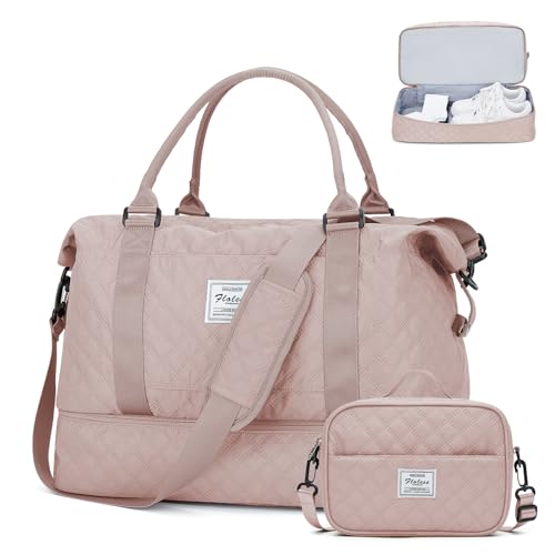 Reisetasche Damen Sporttasche groß Handgepäck Tasche mit schuhfach & Nass-Tasche,Weekender Overnight Bag Travel Bag Wasserdicht Schwimmtasche Trainingstasche Fitnesstasche Frauen,Pfirsichpulver von HYC00