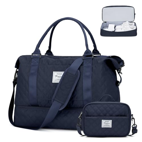 Reisetasche Damen Sporttasche groß Handgepäck Tasche mit schuhfach & Nass-Tasche,Weekender Overnight Bag Travel Bag Wasserdicht Schwimmtasche Trainingstasche Fitnesstasche Frauen für Yoga,Navy Blau von HYC00