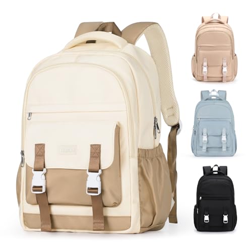 Rucksack,Damen & Herren Backpack mit Laptopfach,Unisex Daypack Schulrucksack,Wasserdichter Tagesrucksack für Freizeit Schule Job,Casual Travel Büchertasche,Beige mit Khaki von HYC00