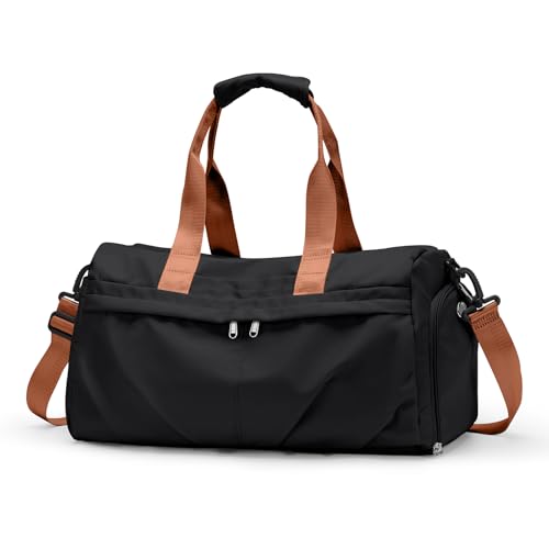 Sport Duffel Bag Damen, Sporttasche mit Schuhfach & Nassfach Duffel Bags wasserdichte Übernachtungstasche Leichte Sporttasche Handgepäcktasche für Herren Wochenendtraining Yoga,Schwarz mit Braun von HYC00