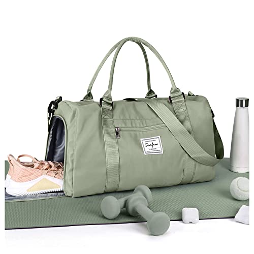 Sport Duffel Bag Damen, 45x36x20 für Ryanair Cabin Bag Sporttasche mit Nassfach & Schuhfach Reisetasche Handgepäck Tasche für Easyjet Flugzeug Weekender Schwimmtasche,Grau Grün von HYC00