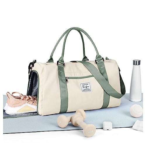 Sport Duffel Bag Damen,Sporttasche mit Nassfach&Schuhfach Reise Duffel Bags Übernachtungstasche Leichte wasserdichte Sporttasche Handgepäcktasche für Herren Wochenend,Beige （mit Grün Band von HYC00