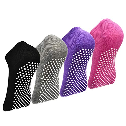 Anti-Rutsch Socken Unisex - 4 Paar Yoga Pilate Trampolin Ballett Socken for Damen Herren Grau+Lila+Schwarz+Pink 44-46 von HYCLES