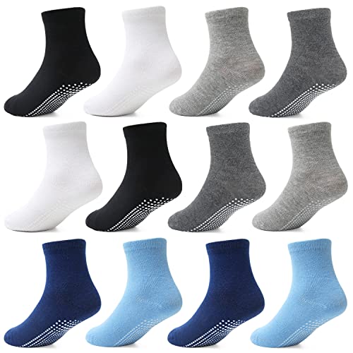 HYCLES Stoppersocken Kinder - 12 Paar ABS Socken Kinder Baby Jungen Kleinkind Rutschfeste Socken Antirutsch Socken Mädchen 01 Schwarz+marine+weiß+dunkelgrau+hellgrau+blau für 1-3 Jahre von HYCLES