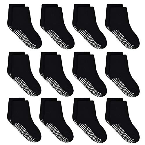 HYCLES Stoppersocken Kinder - 12 Paar ABS Socken Kinder Baby Jungen Kleinkind Rutschfeste Socken Antirutsch Socken Mädchen 03 Schwarz für 1-3 Jahre von HYCLES