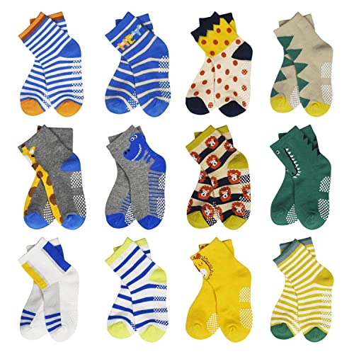 HYCLES Baby ABS Socken Kinder 12 Paar Stoppersocken Kinder Anti Rutsch Socken Kind Jungen Mädchen 23-26 27-30 Kleinkind Socken Baby 01 Krokodil für 6-12 Monate von HYCLES