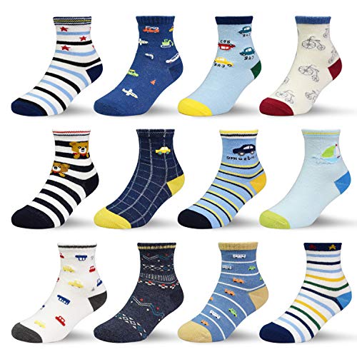 HYCLES Baby Socken - 12 Paar Anti Rutsch Socken Kind ABS Socken Kinder Stoppersocken Kinder Baby Jungen Mädchen Kinder Kleinkind 03 Fahrzeug für 3-5 Jahre von HYCLES