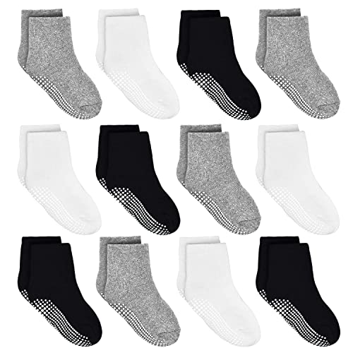 HYCLES Stoppersocken Kinder - 12 Paar ABS Socken Kinder Baby Jungen Kleinkind Rutschfeste Socken Antirutsch Socken Mädchen 02 Schwarz+weiß+hellgrau für 6-12 Monate von HYCLES