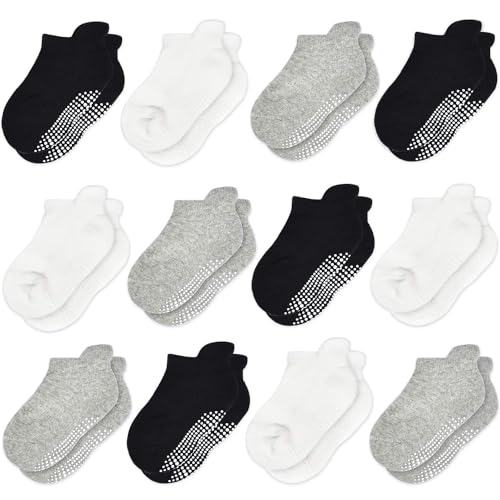 HYCLES Stoppersocken Kinder - 12 Paar ABS Socken Kinder Baby Jungen Kleinkind Rutschfeste Socken Antirutsch Socken Mädchen 4 Schwarz+4 Hellgrau+4 Weiß für 1-3 Jahre von HYCLES