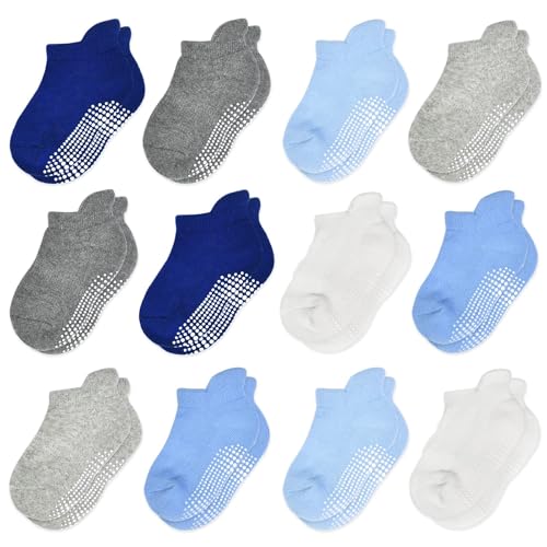 HYCLES Stoppersocken Kinder - 12 Paar ABS Socken Kinder Baby Jungen Kleinkind Rutschfeste Socken Antirutsch Socken Mädchen 2 Marineblau+2 Dunkelgrau+2 Hellgrau+2 Weiß+2 Blau+2 Hellblau für 3-5 Jahre von HYCLES