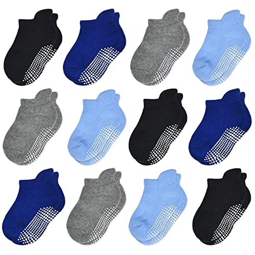 HYCLES Stoppersocken Kinder - 12 Paar ABS Socken Kinder Baby Jungen Kleinkind Rutschfeste Socken Antirutsch Socken Mädchen 3 Schwarz+3 Dunkelgrau+3 Marineblau+3 Blau für 5-7 Jahre von HYCLES