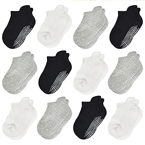 HYCLES Stoppersocken Kinder - 12 Paar ABS Socken Kinder Baby Jungen Kleinkind Rutschfeste Socken Antirutsch Socken Mädchen 4 Schwarz+4 Hellgrau+4 Weiß für 5-7 Jahre von HYCLES