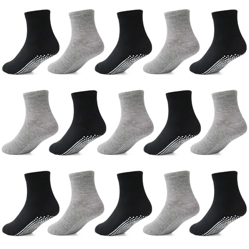 HYCLES Stoppersocken Kinder Rutschfeste Crew Socken mit Grip 15 Paare Baby Anti-Rutsch Sportliche Socken für Jungen Mädchen 7-10 Jahre von HYCLES