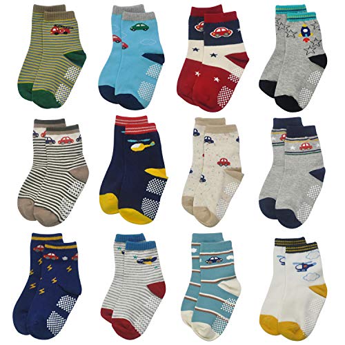 HYCLES Weiche und elastische Anti-Rutsch-Socken, 12 Paar Baby Jungen 1-3 Jahre Auto- und Flugzeug-Stil (12 Paar) von HYCLES