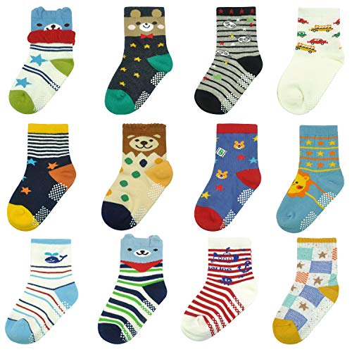 Kleinkind-Socken für Mädchen und Jungen, Anti-Rutsch-Socken, für 0-7 Jahre, 12 Paar, 03 Bär, 0-6 Monate von HYCLES