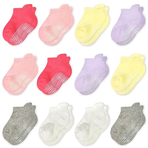 Stoppersocken Kinder - 12 Paar ABS Socken Kinder Baby Jungen Kleinkind Rutschfeste Socken Antirutsch Socken Mädchen 2*Weiß+2*Mittelrot+2Hellgrau+2*Helllila+2*Hellgelb+2*Hellrosa für 6-12 Monate von HYCLES