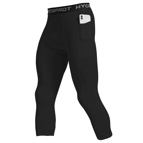 HYCOPROT 1 or 2er Pack Herren 3/4 Kompressionshose mit Taschen Laufhose Tights Sport Leggings Atmungsaktiv Funktionsunterhose Tight Hose für Basketball Fitness Joggen (Black, S) von HYCOPROT