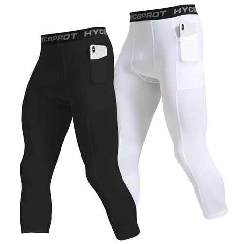 HYCOPROT 1 or 2er Pack Herren 3/4 Kompressionshose mit Taschen Laufhose Tights Sport Leggings Atmungsaktiv Funktionsunterhose Tight Hose für Basketball Fitness Joggen (Black/White, M) von HYCOPROT