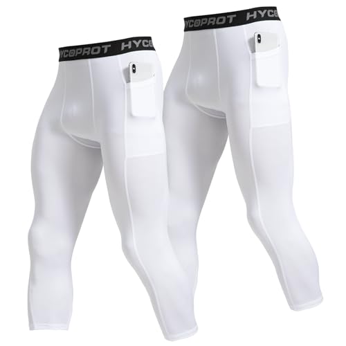 HYCOPROT 1 or 2er Pack Herren 3/4 Kompressionshose mit Taschen Laufhose Tights Sport Leggings Atmungsaktiv Funktionsunterhose Tight Hose für Basketball Fitness Joggen (White, S) von HYCOPROT