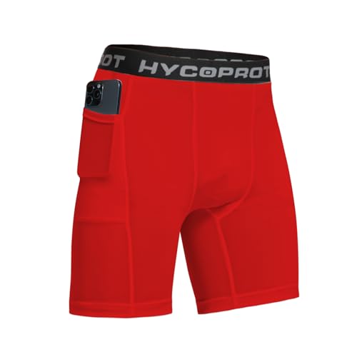 HYCOPROT 1 or 3 Pack Mens Compression Shorts with Phone Pockets Spandex Sports Underwear Athletic Performance Base Layer Shorts Quick-Drying Workout Running Active Tights （Red, L） von HYCOPROT