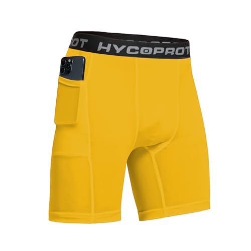 HYCOPROT 1 or 3 Pack Mens Compression Shorts with Phone Pockets Spandex Sports Underwear Athletic Performance Base Layer Shorts Quick-Drying Workout Running Active Tights （Yellow, M） von HYCOPROT