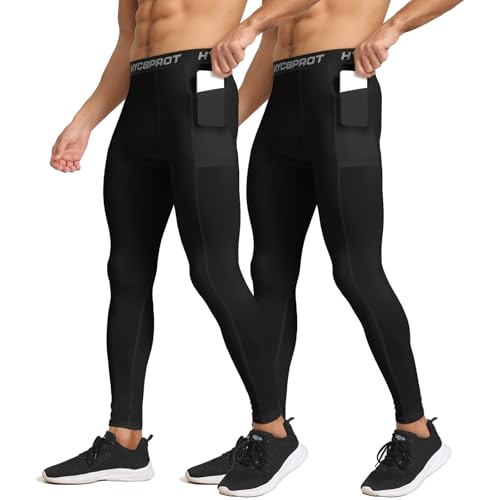 HYCOPROT 2er Pack Herren Kompressionshose mit Taschen Schnelltrocknende Laufhose Sportleggings Baselayer Leggings Atmungsaktiv Funktionsunterhose für Basketball Fitness (Schwarz, XL) von HYCOPROT