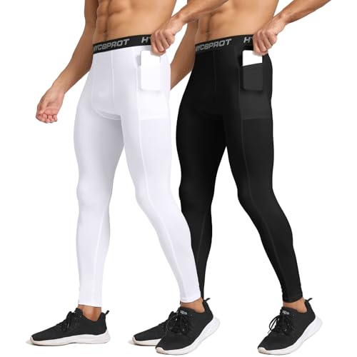 HYCOPROT 2er Pack Herren Kompressionshose mit Taschen Schnelltrocknende Laufhose Sportleggings Baselayer Leggings Atmungsaktiv Funktionsunterhose für Basketball Fitness (Schwarz/Weiß, XXL) von HYCOPROT