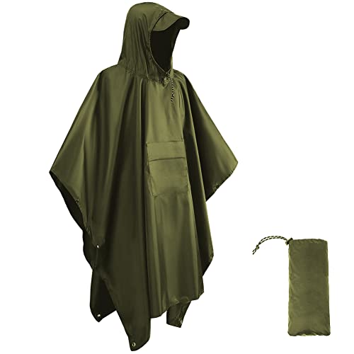HYCOPROT Regenponcho Leichte Wasserdicht 210T Oxford Ripstop Wiederverwendbar Regencape, Regenponcho mit Brusttasche 3 in 1 Multifunktionaler Regenmantel für Jagd, Trekking, Camping, Angeln von HYCOPROT