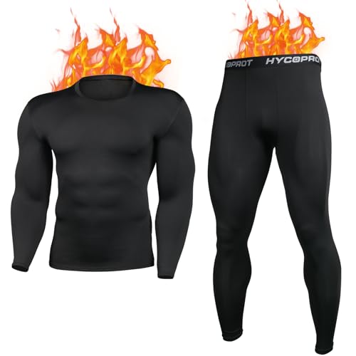 HYCOPROT Herren Thermounterwäsche Set, Skiunterwäsche Innenfleece Funktionswäsche Winter Thermowäsche Set Atmungsaktiv Thermo Unterwäsche Thermounterhemd Thermounterhose Schwarz von HYCOPROT