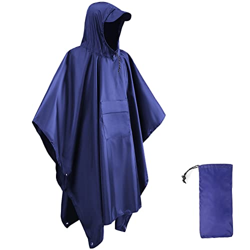 HYCOPROT Regenponcho Leichte Wasserdicht 210T Oxford Ripstop Wiederverwendbar Regencape, Regenponcho mit Brusttasche 3 in 1 Multifunktionaler Regenmantel für Jagd, Trekking, Camping, Angeln (Blau) von HYCOPROT