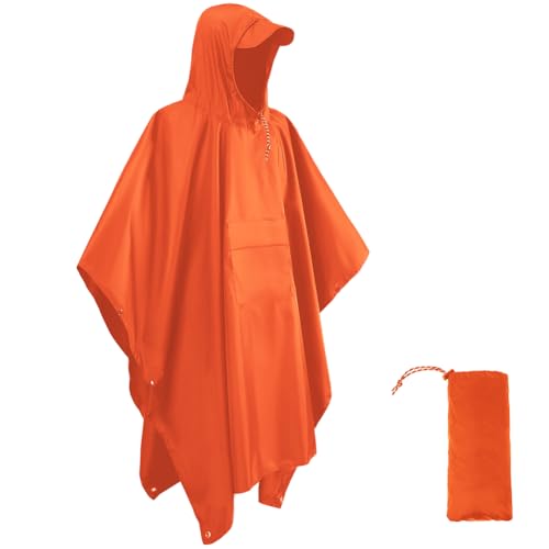 HYCOPROT Regenponcho Leichte Wasserdicht 210T Oxford Ripstop Wiederverwendbar Regencape, Regenponcho mit Brusttasche 3 in 1 Multifunktionaler Regenmantel für Jagd, Trekking, Camping, Angeln (Orange) von HYCOPROT