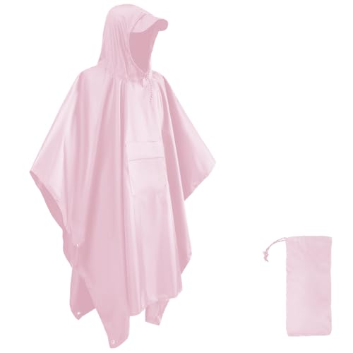 HYCOPROT Regenponcho Leichte Wasserdicht 210T Oxford Ripstop Wiederverwendbar Regencape, Regenponcho mit Brusttasche 3 in 1 Multifunktionaler Regenmantel für Jagd, Trekking, Camping, Angeln (Rosa) von HYCOPROT