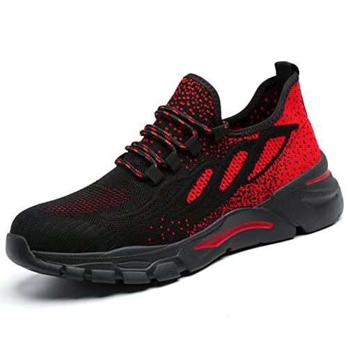 HYCOPROT Sicherheitsschuhe Herren Damen Stahlkappe Sneaker Leicht Atmungsaktiv Arbeitsschuhe Stahlkappenschuhe Rutsch und Stichfest Sportlich Schutzschuhe (Rot, Numeric_37) von HYCOPROT